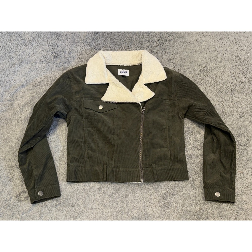 Vylette Corduroy Jacket Womens Medium Green Asymmetrical Zip Sherpa Collar
